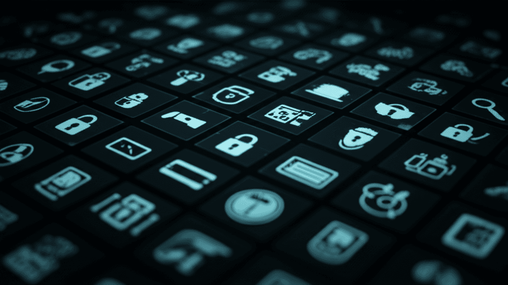 Grid of cybersecurity tool icons on a dark dashboard