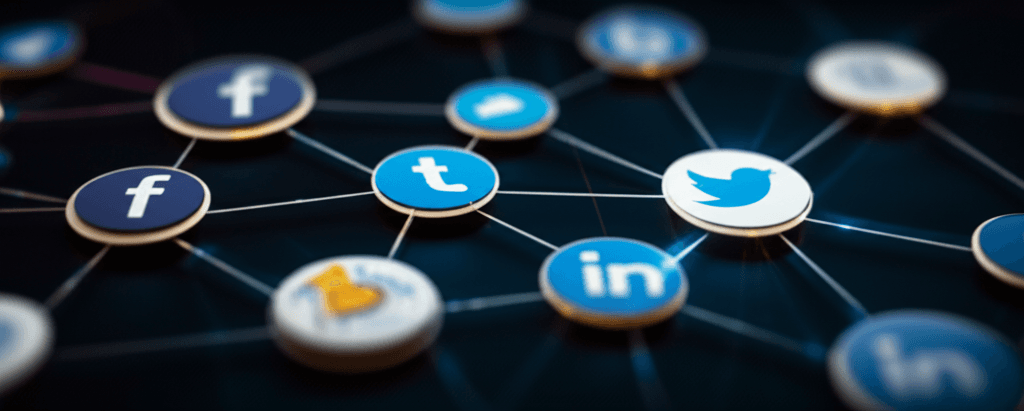 Connected graph of social media profile nodes with glowing data connections