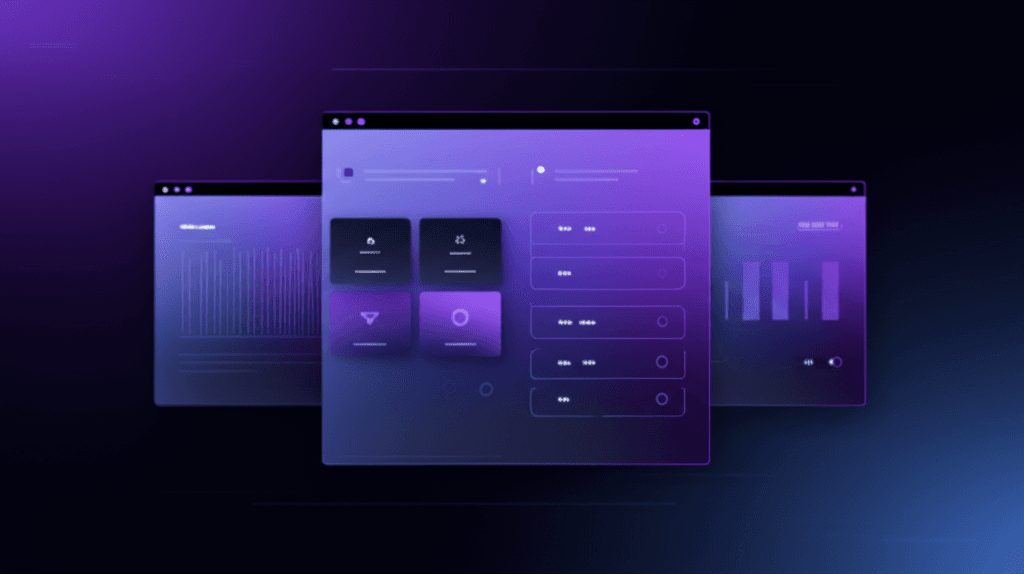 Three overlapping interface windows on dark background